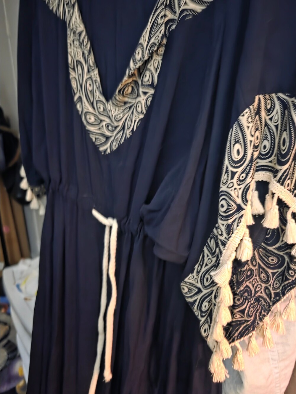 Boho Navy Tassel Drawstring Maxi Dress - Women